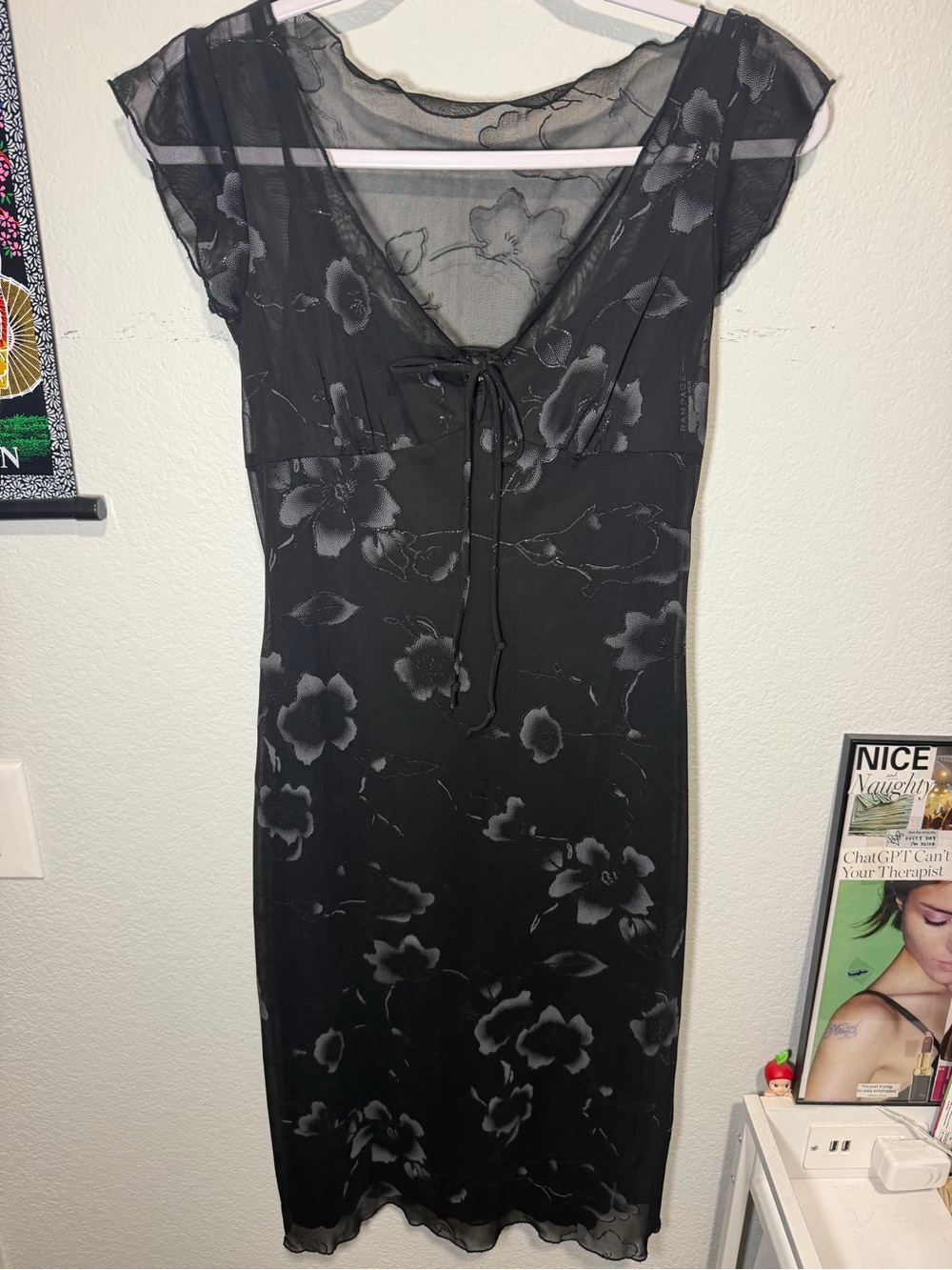 Rampage Black Floral Mesh Tie-Front Midi Dress